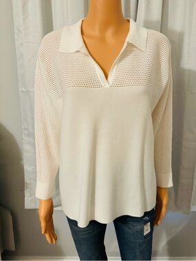 Pretty Vila Milano size L white 3/4 sleeve collared v-neck sweater new